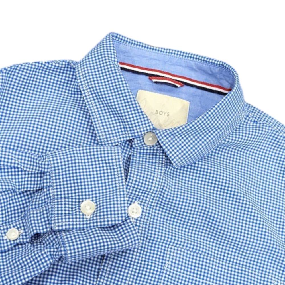 Mini Boden Blue White Checkered Gingham Plaid Button Down Oxford Shirt Boys 9 10
